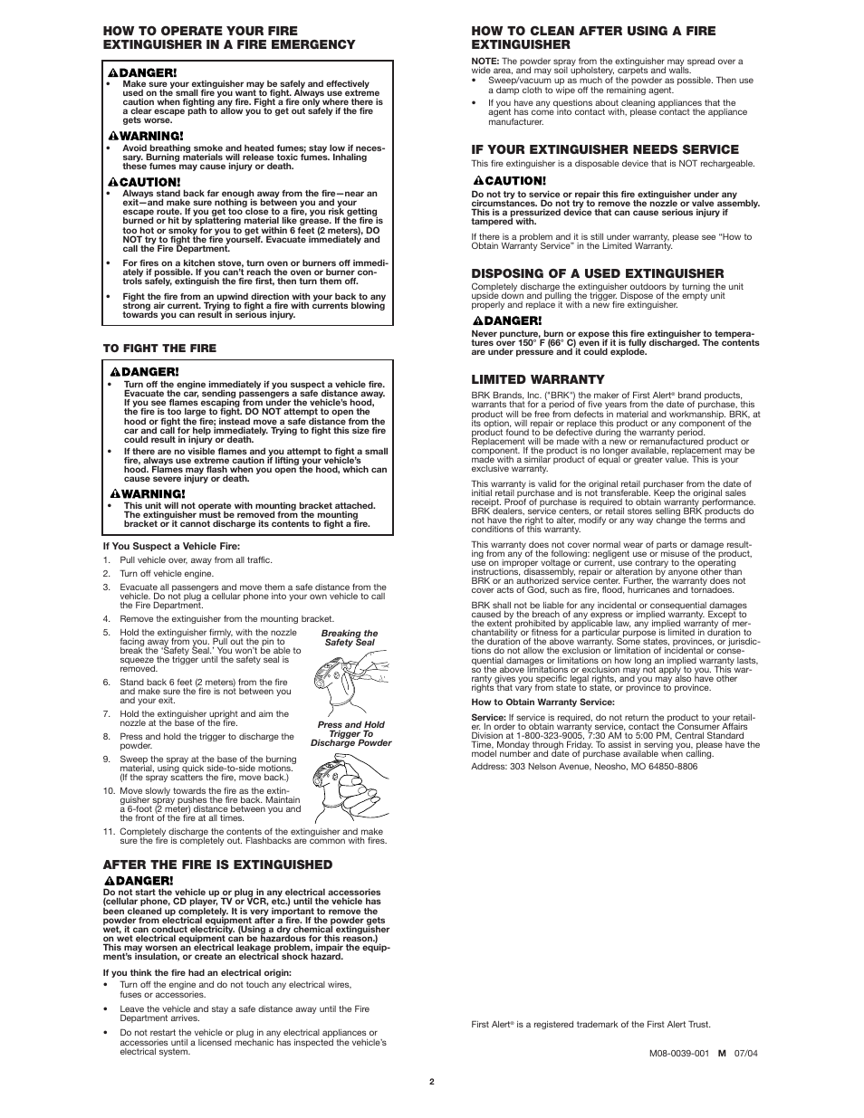 After the fire is extinguished, If your extinguisher needs service, Disposing of a used extinguisher | Limited warranty, How to clean after using a fire extinguisher | First Alert FESA5 User Manual | Page 2 / 2