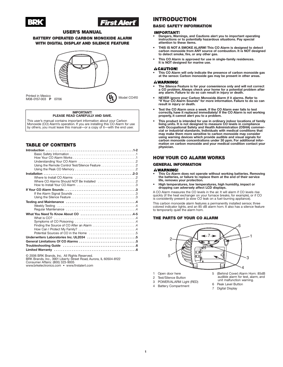 First Alert CO410 User Manual | 6 pages
