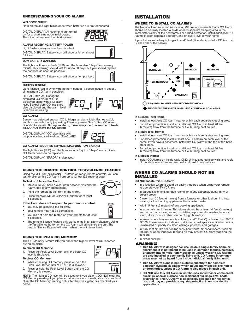 Installation, Where co alarms should not be installed | First Alert CO410 User Manual | Page 2 / 6