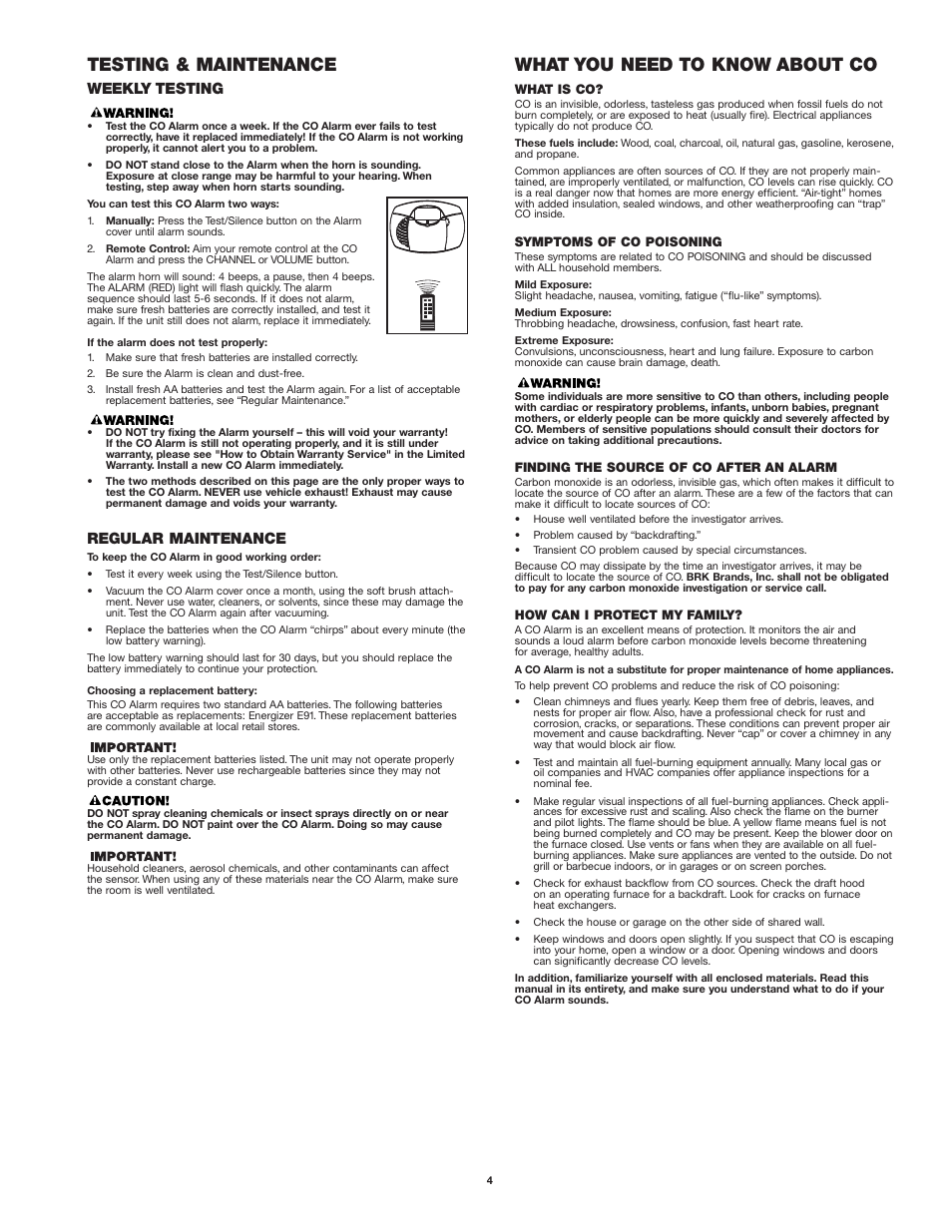 What you need to know about co, Testing & maintenance, Weekly testing | Regular maintenance | First Alert CO410 User Manual | Page 4 / 6
