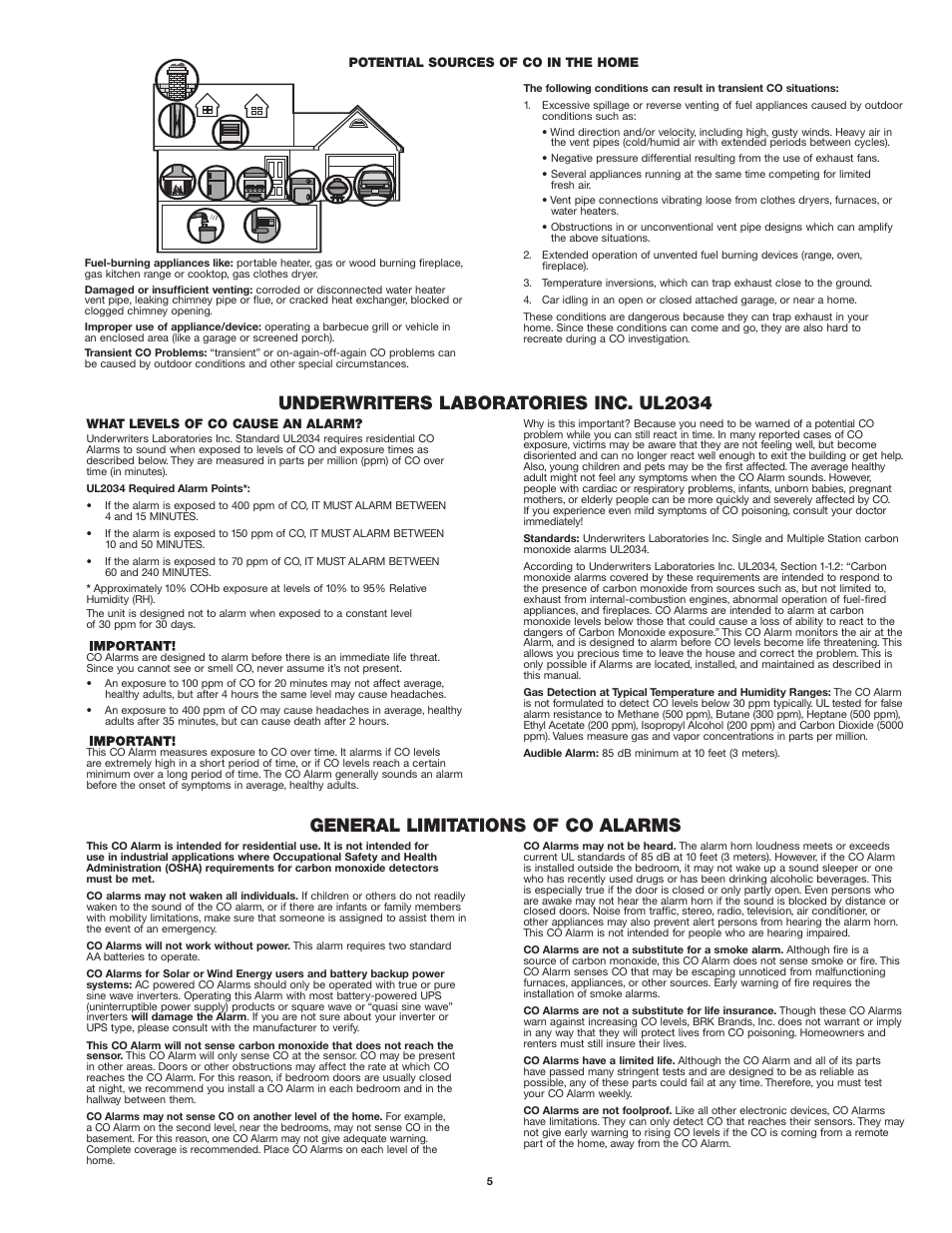 General limitations of co alarms, Underwriters laboratories inc. ul2034 | First Alert CO410 User Manual | Page 5 / 6