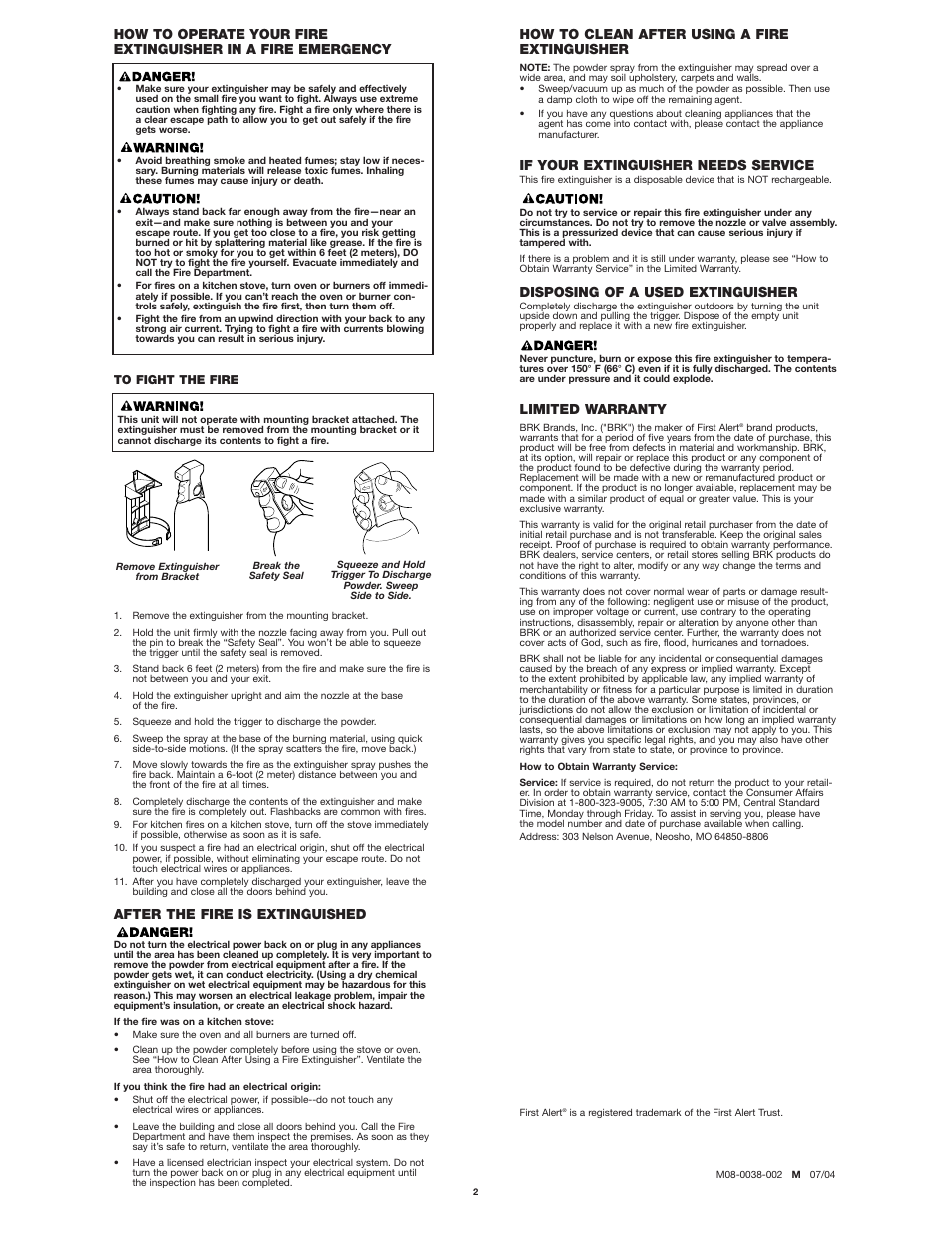 After the fire is extinguished, How to clean after using a fire extinguisher, If your extinguisher needs service | Disposing of a used extinguisher, Limited warranty | First Alert FE5G User Manual | Page 2 / 2