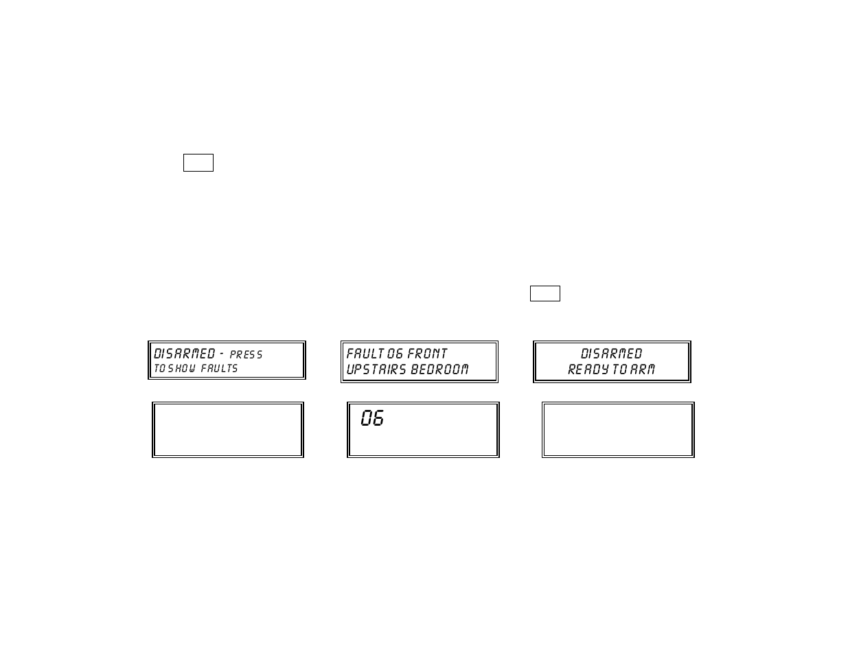 Checking for open zones, Disarmed, Fault 06 front upstairs bedroom | Re ady to arm | First Alert FA142C User Manual | Page 13 / 44