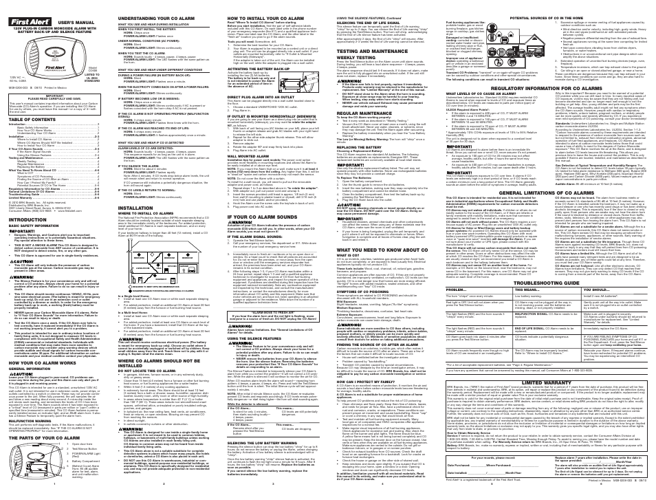 First Alert CO606 User Manual | 1 page