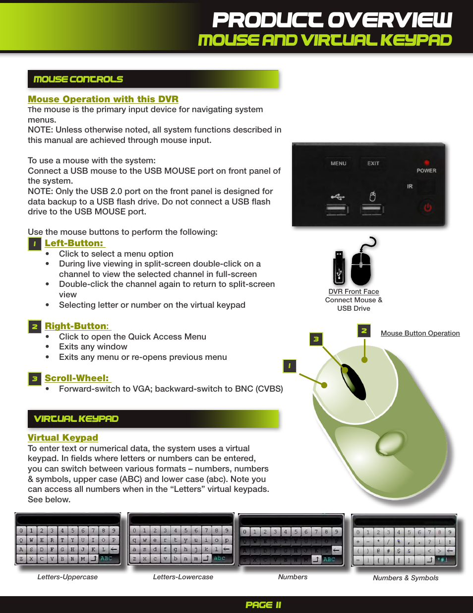 Mouse and virtual keypad, Product overview | First Alert H.264 Digital DVR PRO-D1610 User Manual | Page 11 / 48