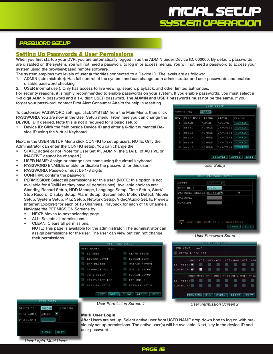 Password setup, Setting up passwords & user permissions, Initial setup | System operation | First Alert H.264 Digital DVR PRO-D1610 User Manual | Page 15 / 48