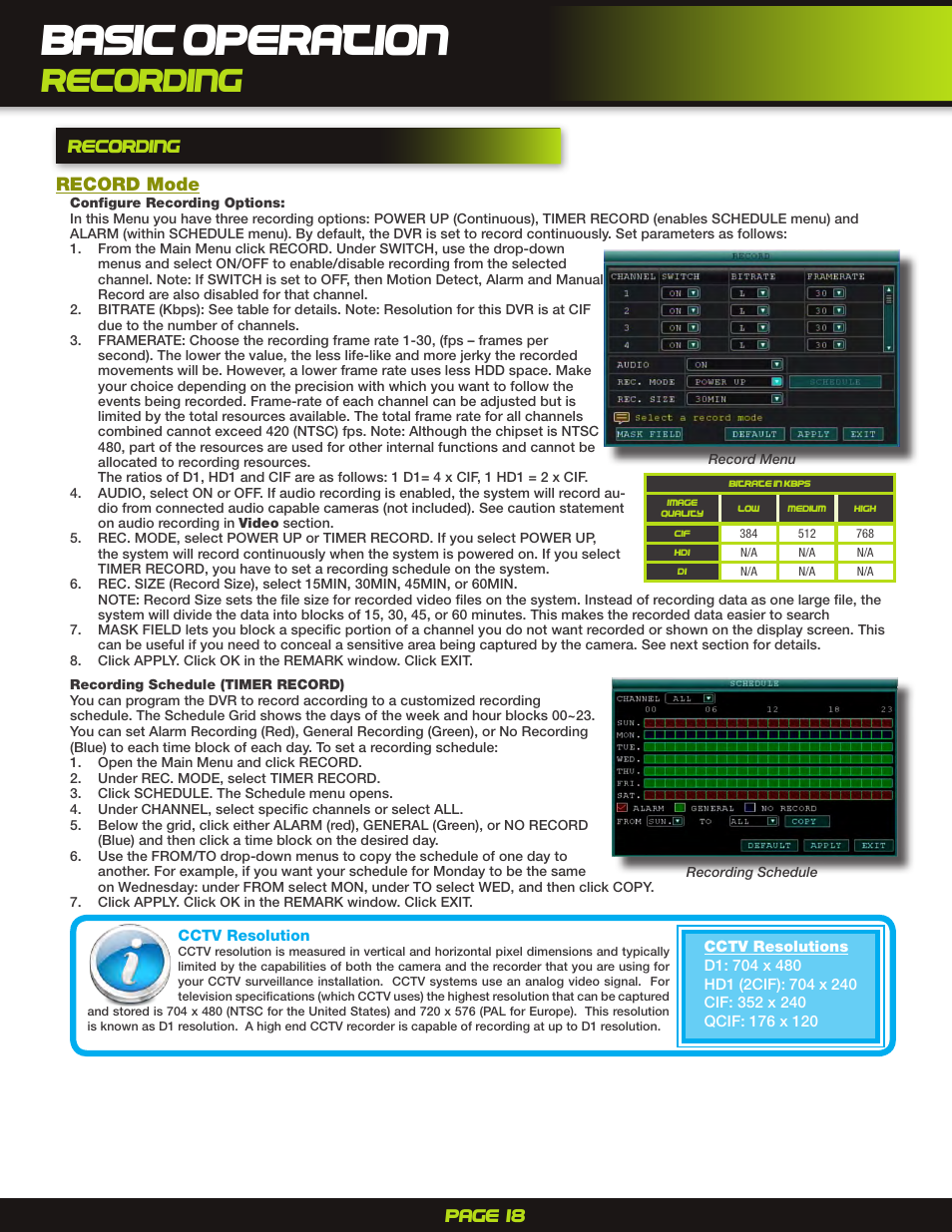 Basic operation, Recording, Page 18 | Recording record mode | First Alert H.264 Digital DVR PRO-D1610 User Manual | Page 18 / 48
