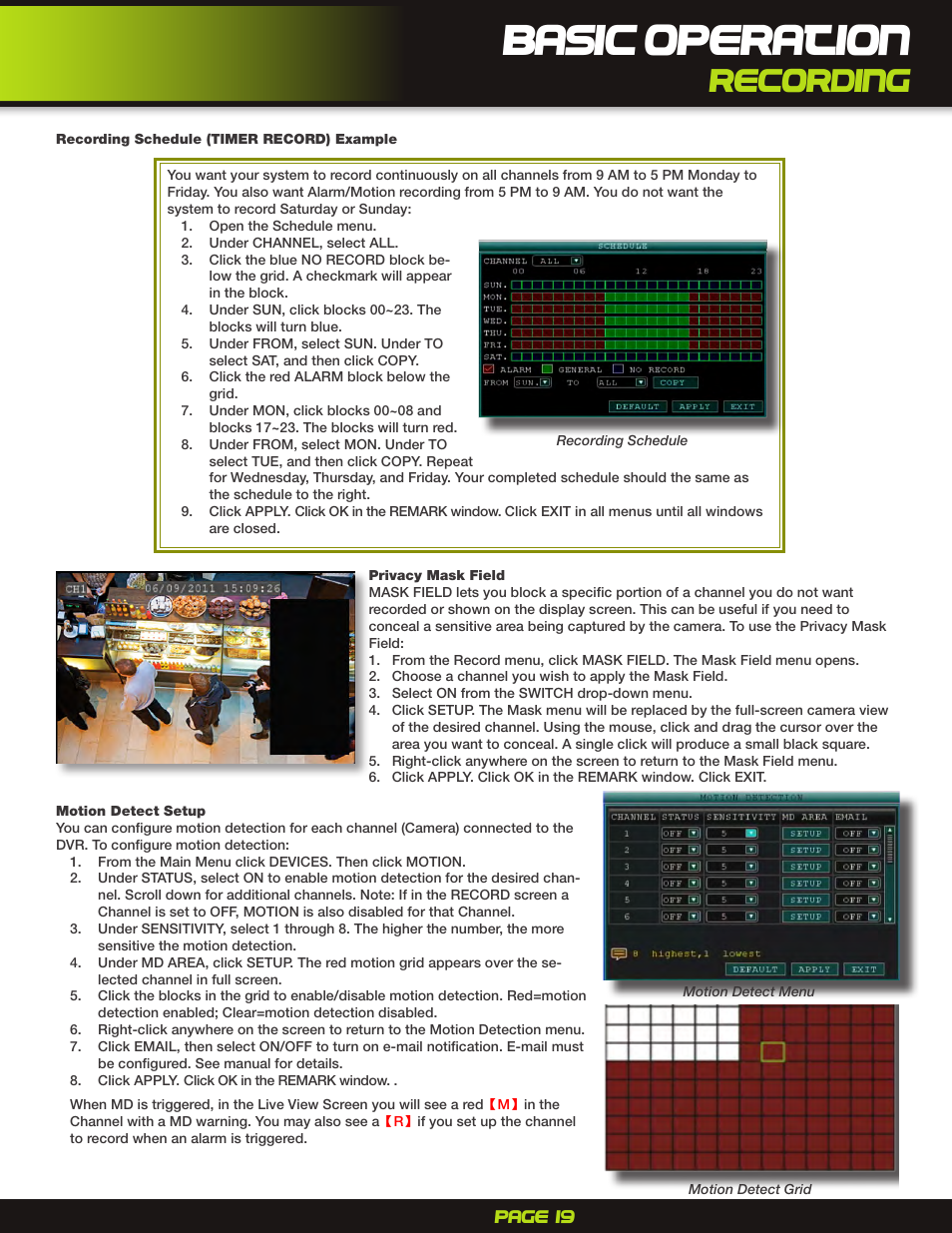 Recording schedule (timer record) example, Privacy mask field, Motion detect setup | Basic operation, Recording | First Alert H.264 Digital DVR PRO-D1610 User Manual | Page 19 / 48
