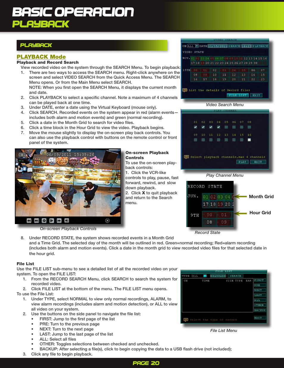 Playback, Playback and record search, File list | Basic operation | First Alert H.264 Digital DVR PRO-D1610 User Manual | Page 20 / 48