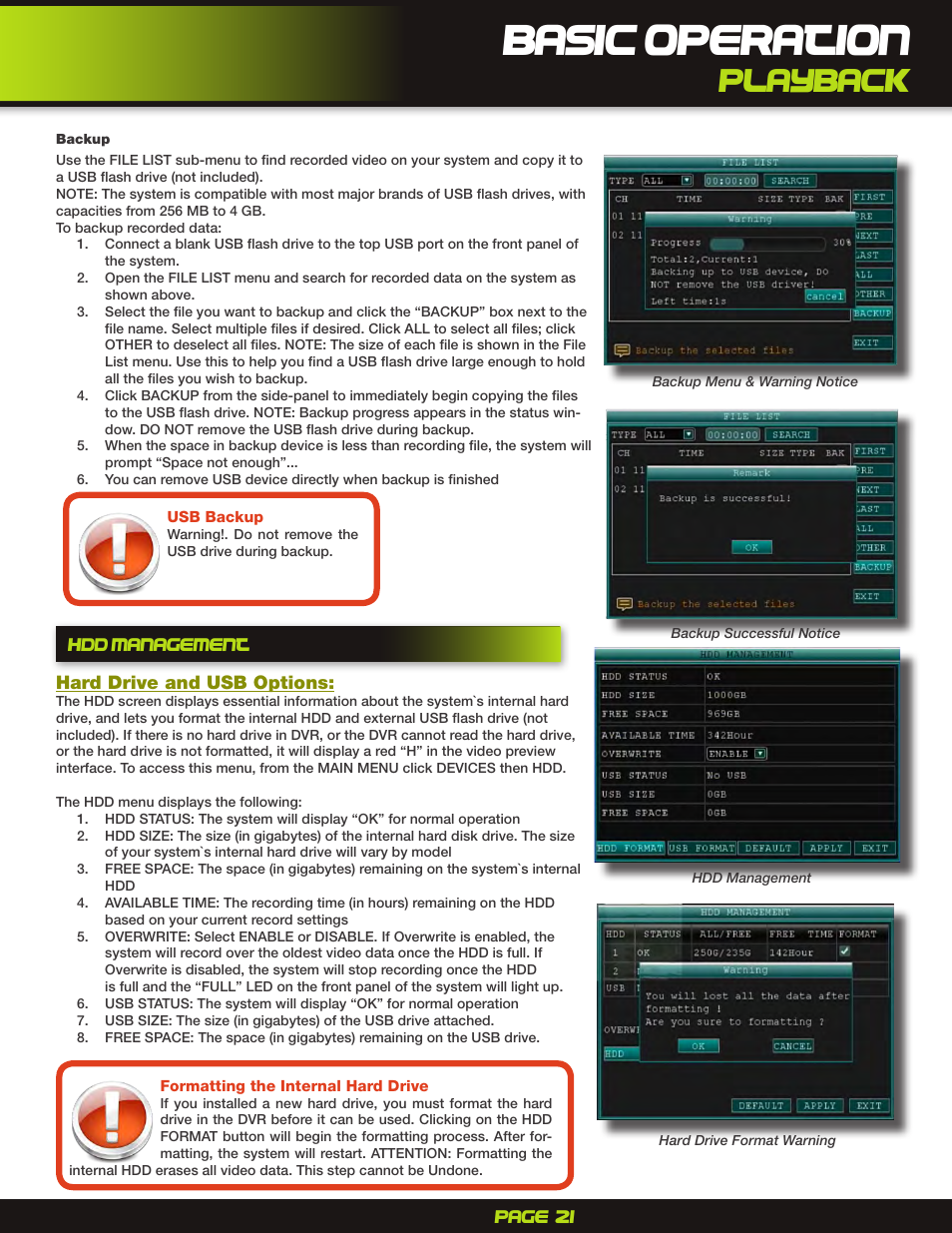 Backup, Hdd management, Basic operation | Playback | First Alert H.264 Digital DVR PRO-D1610 User Manual | Page 21 / 48