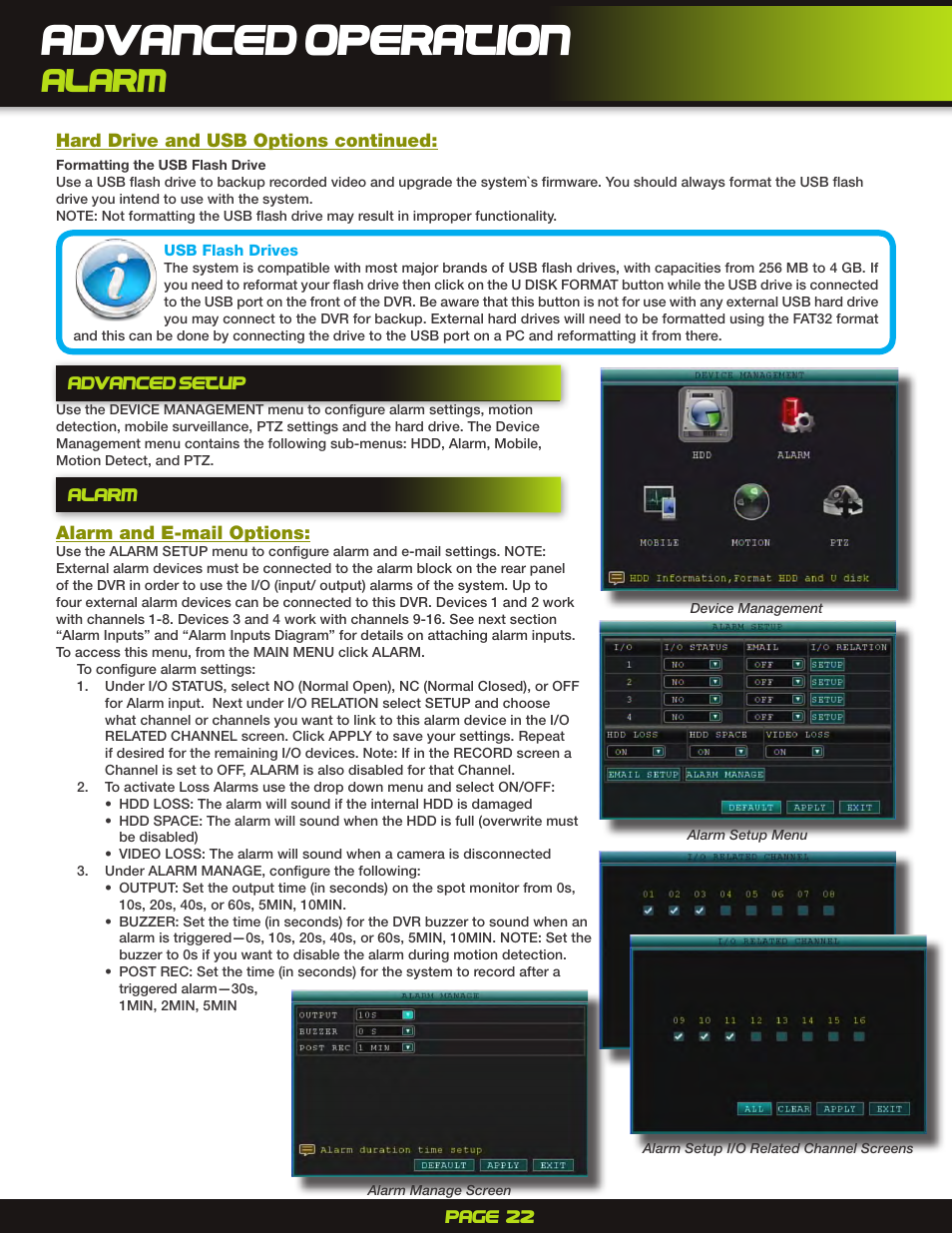 Advanced operation, Alarm | First Alert H.264 Digital DVR PRO-D1610 User Manual | Page 22 / 48