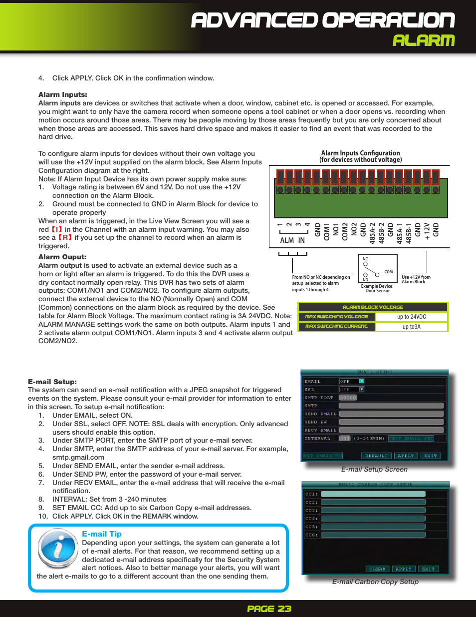 Alarm inputs, E-mail setup, Advanced operation | Alarm, Page 23 | First Alert H.264 Digital DVR PRO-D1610 User Manual | Page 23 / 48