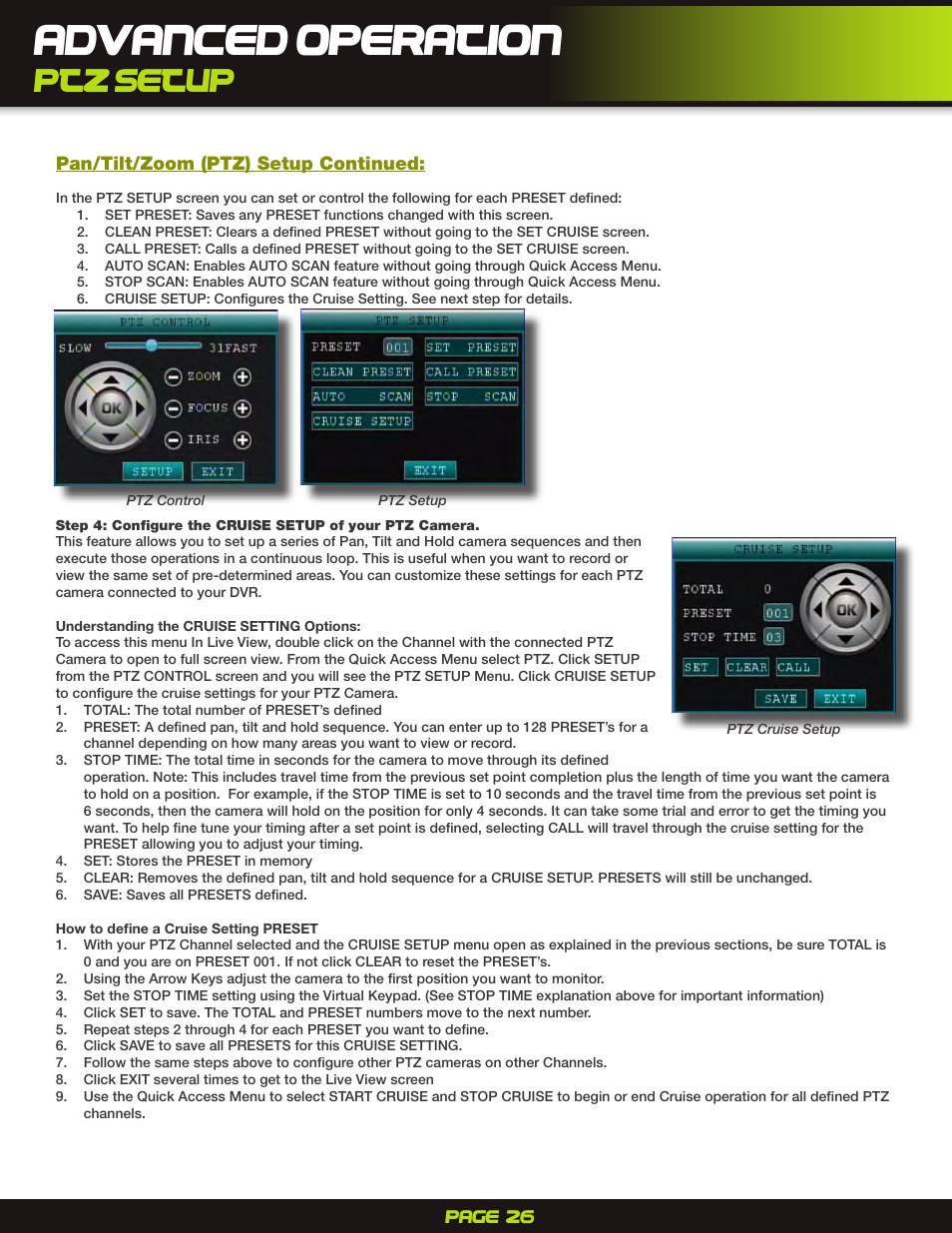 Advanced operation, Ptz setup | First Alert H.264 Digital DVR PRO-D1610 User Manual | Page 26 / 48