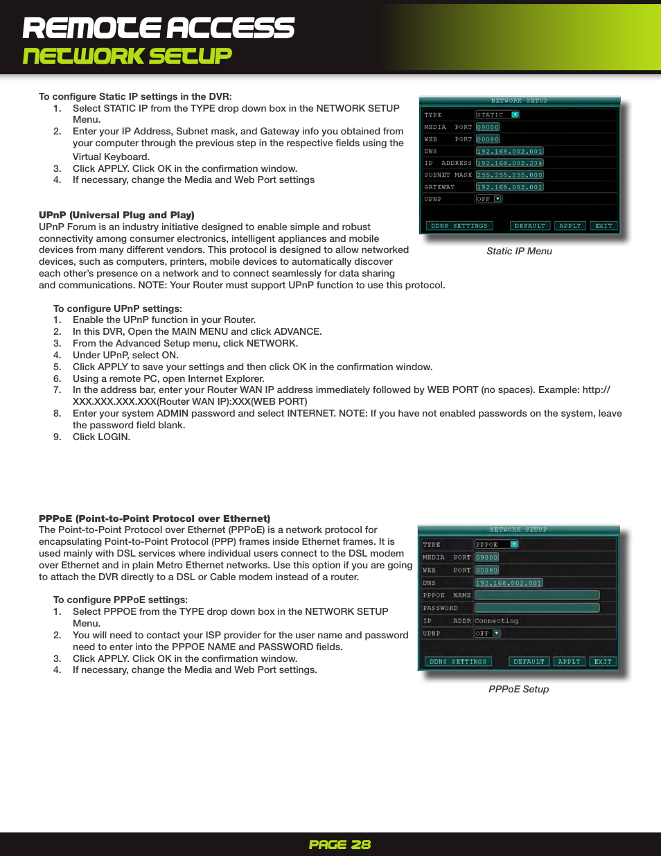 Upnp (universal plug and play), Pppoe (point-to-point protocol over ethernet), Remote access | Network setup | First Alert H.264 Digital DVR PRO-D1610 User Manual | Page 28 / 48