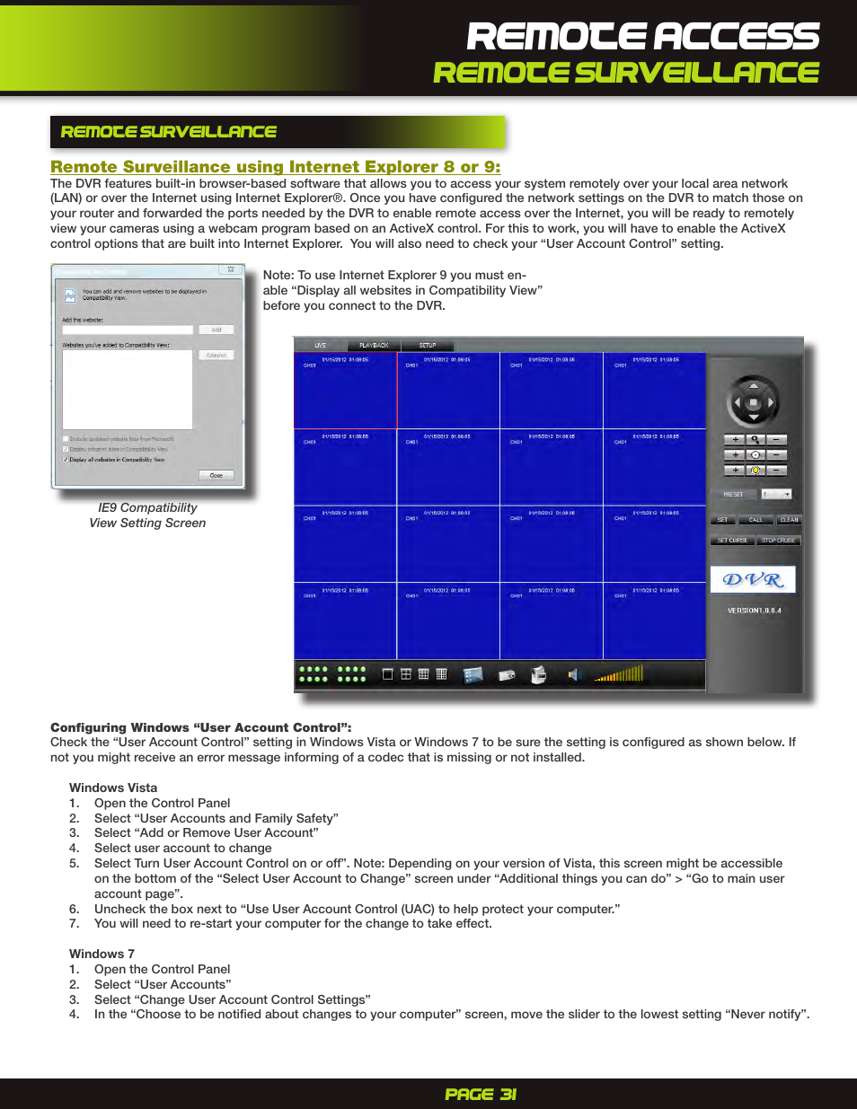 Remote surveillance, Remote access | First Alert H.264 Digital DVR PRO-D1610 User Manual | Page 31 / 48