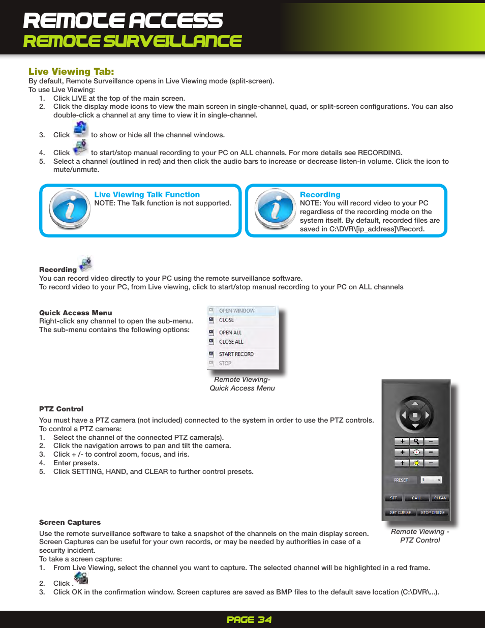 Live viewing tab, Remote access, Remote surveillance | First Alert H.264 Digital DVR PRO-D1610 User Manual | Page 34 / 48