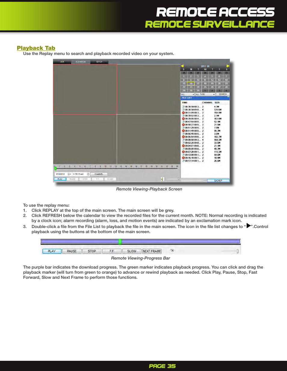 Playback tab, Remote access, Remote surveillance | First Alert H.264 Digital DVR PRO-D1610 User Manual | Page 35 / 48