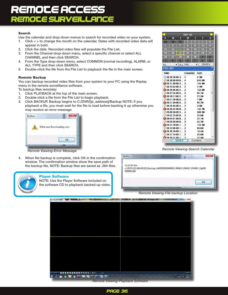Remote access, Remote surveillance | First Alert H.264 Digital DVR PRO-D1610 User Manual | Page 36 / 48