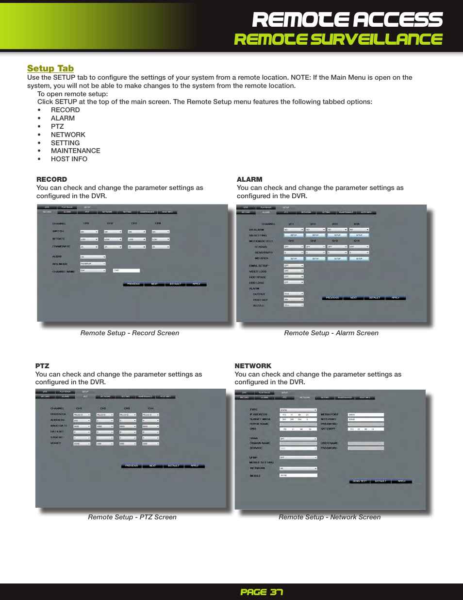 Setup tab, Remote access, Remote surveillance | First Alert H.264 Digital DVR PRO-D1610 User Manual | Page 37 / 48