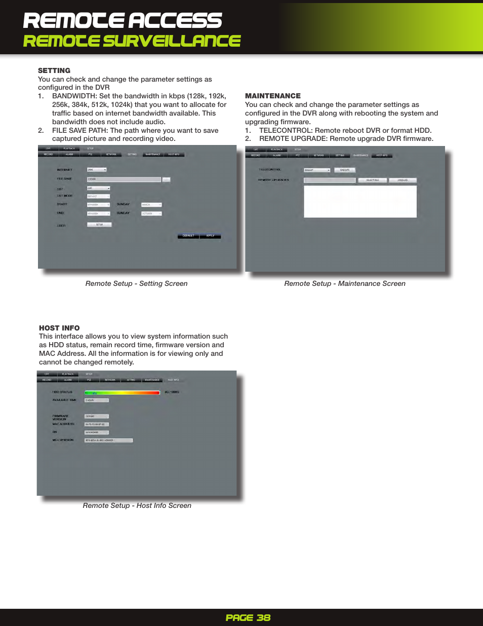 Remote access, Remote surveillance | First Alert H.264 Digital DVR PRO-D1610 User Manual | Page 38 / 48