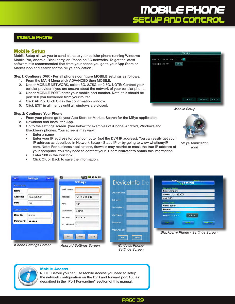 Mobile phone, Mobile setup, Setup and control | First Alert H.264 Digital DVR PRO-D1610 User Manual | Page 39 / 48
