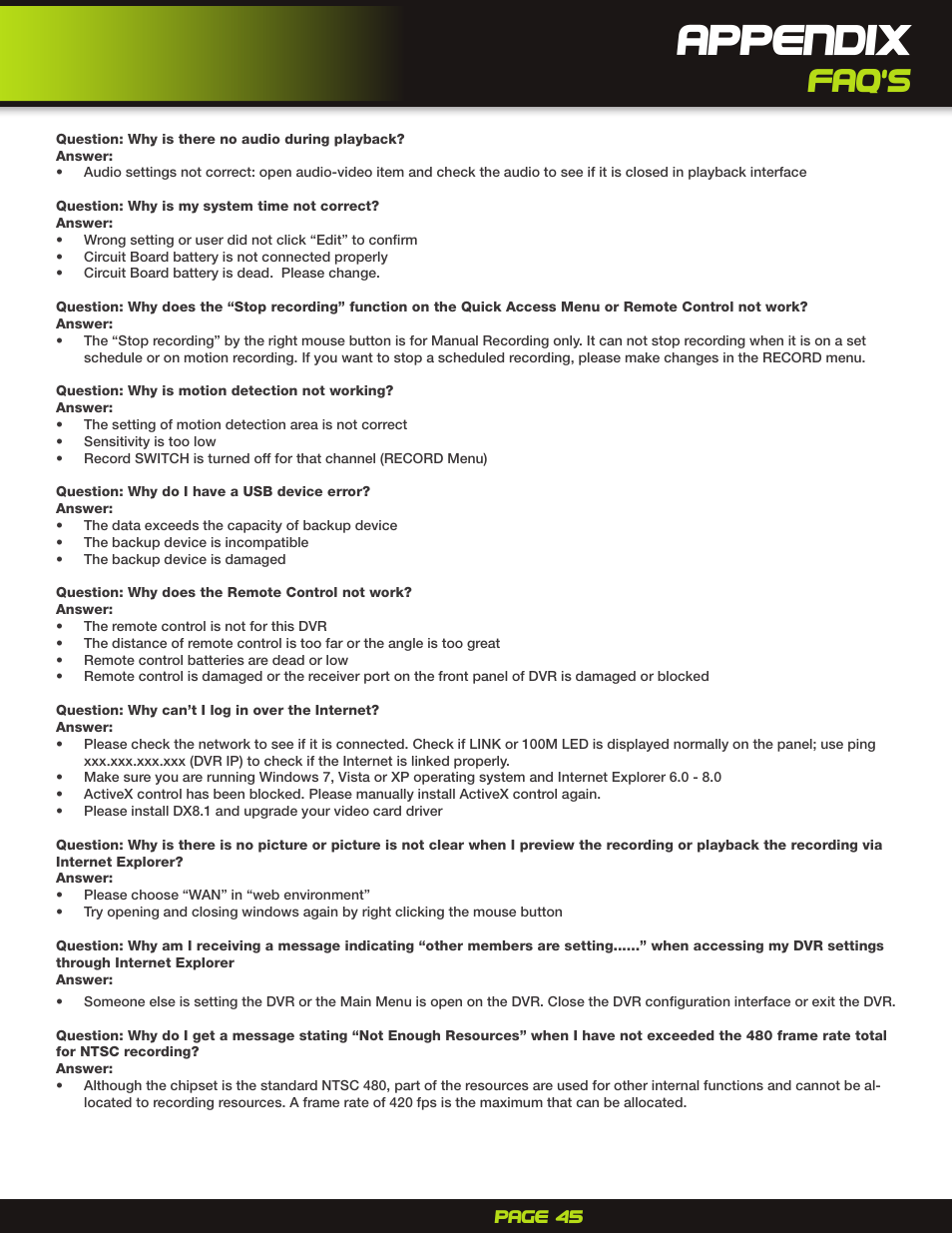 Appendix, Faq , s | First Alert H.264 Digital DVR PRO-D1610 User Manual | Page 45 / 48