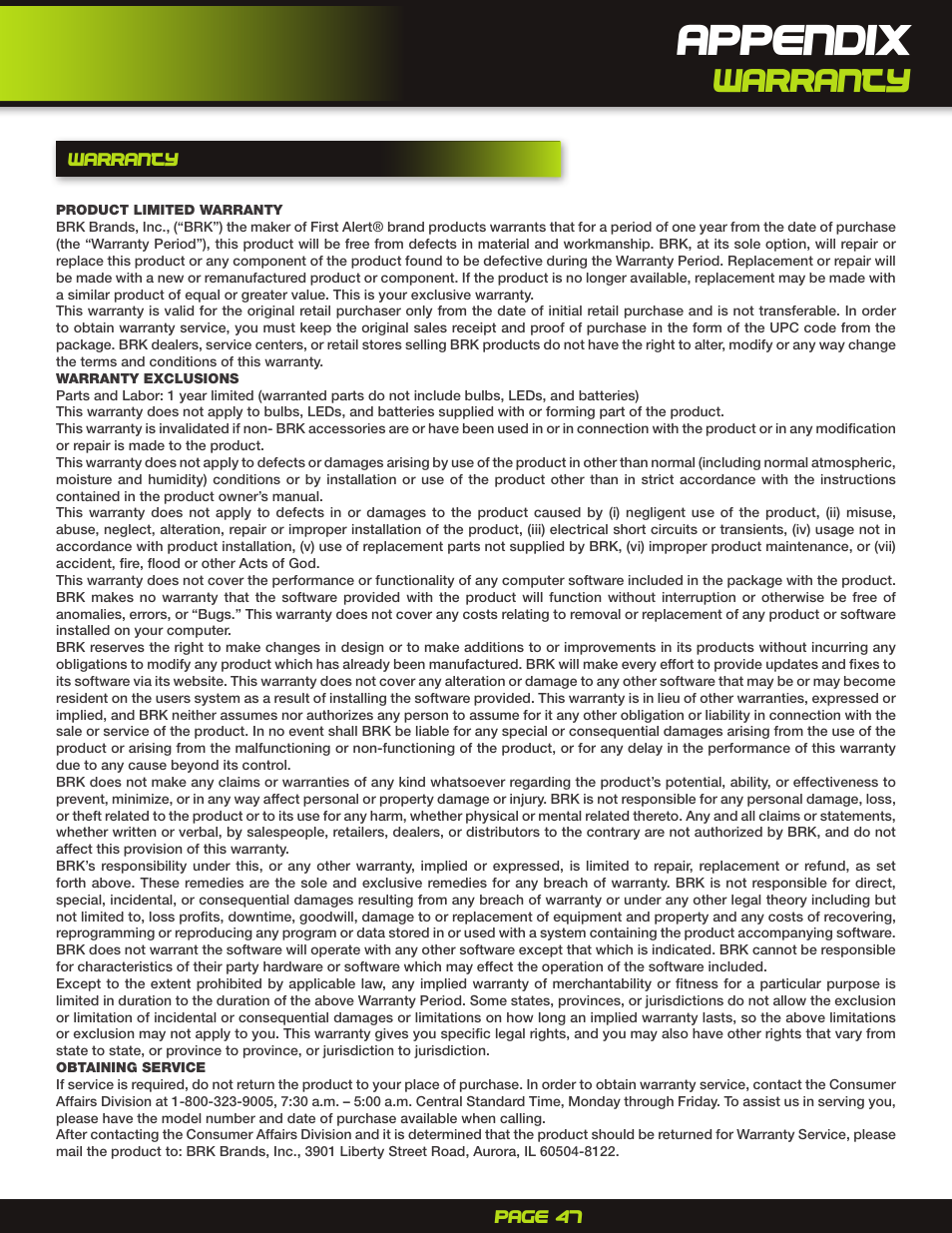 Warranty, Appendix | First Alert H.264 Digital DVR PRO-D1610 User Manual | Page 47 / 48
