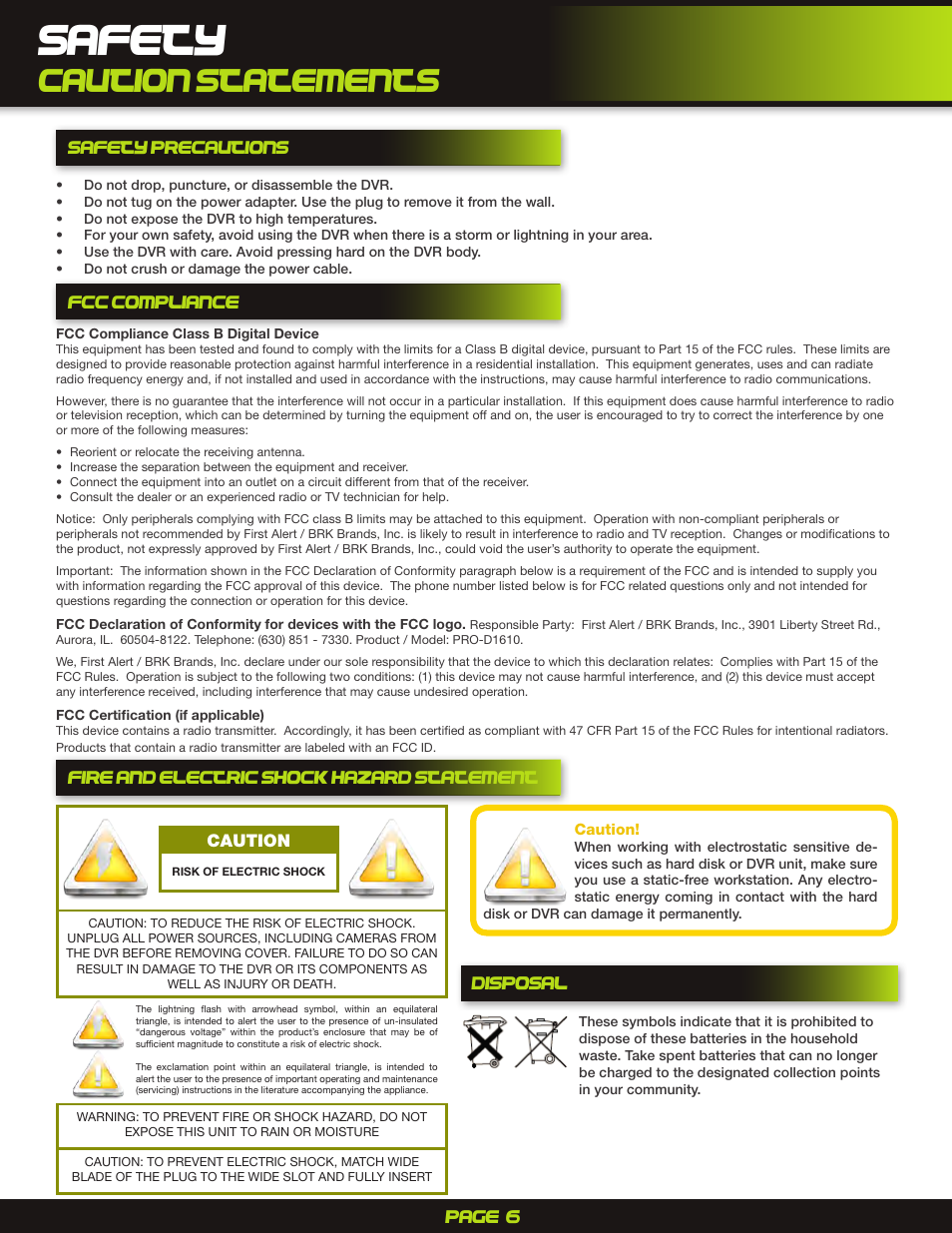 Safety, Safetyprecautions, Fcc compliance | Fire and electric shock hazard statement, Caution statements, Page 6, Safety precautions, Disposal fire and electric shock hazard statement | First Alert H.264 Digital DVR PRO-D1610 User Manual | Page 6 / 48