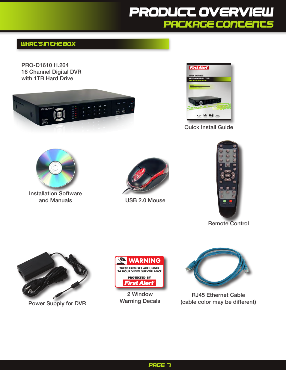 Product overview, What's in the box, Package contents | Warning | First Alert H.264 Digital DVR PRO-D1610 User Manual | Page 7 / 48