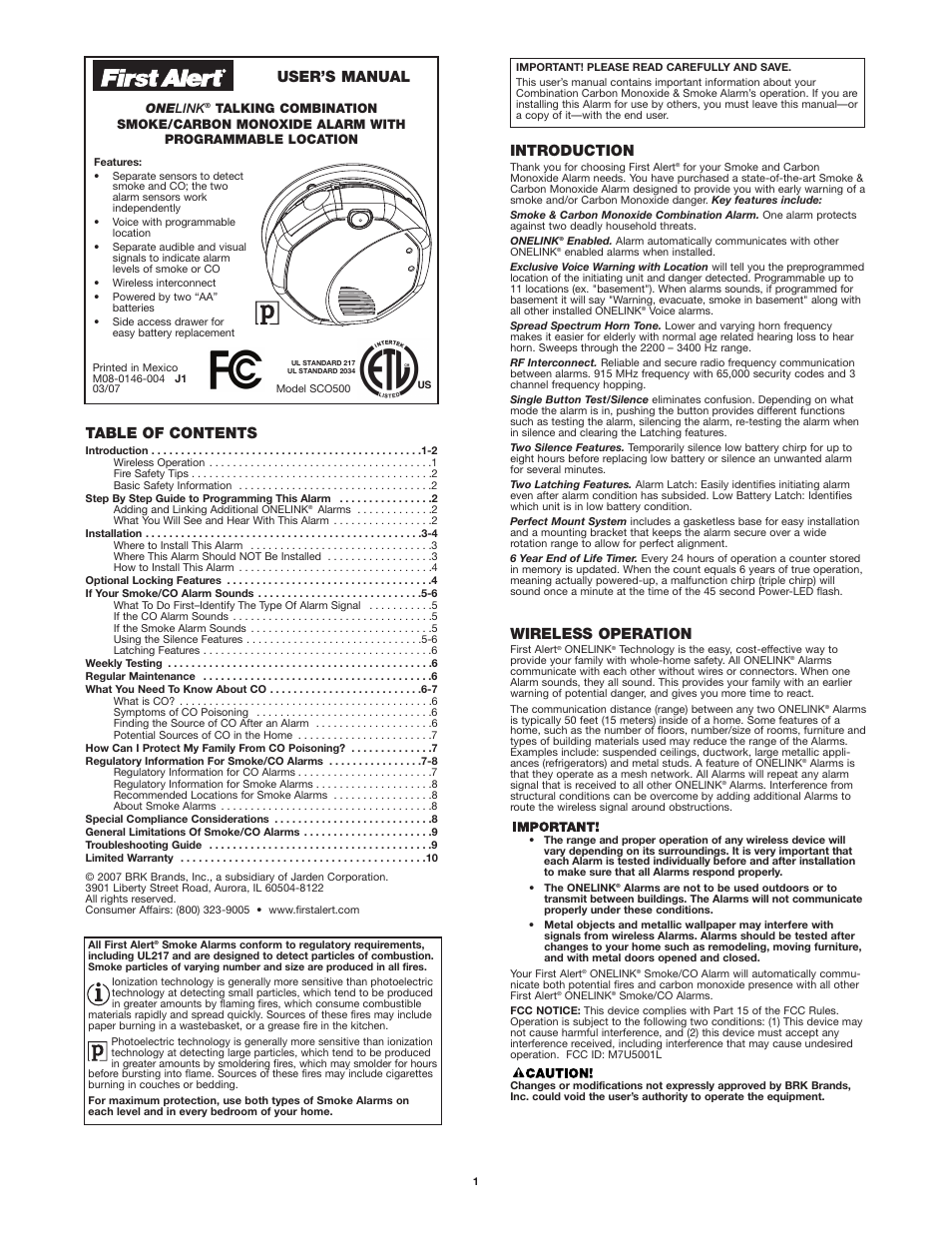 First Alert ONELINK SCO500 User Manual | 10 pages