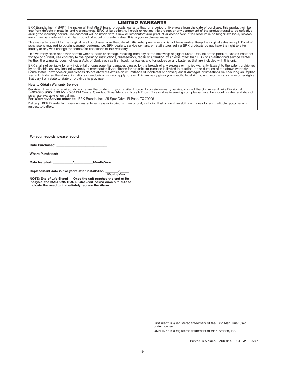 Limited warranty | First Alert ONELINK SCO500 User Manual | Page 10 / 10