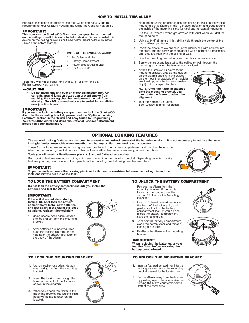 Optional locking features | First Alert ONELINK SCO500 User Manual | Page 4 / 10