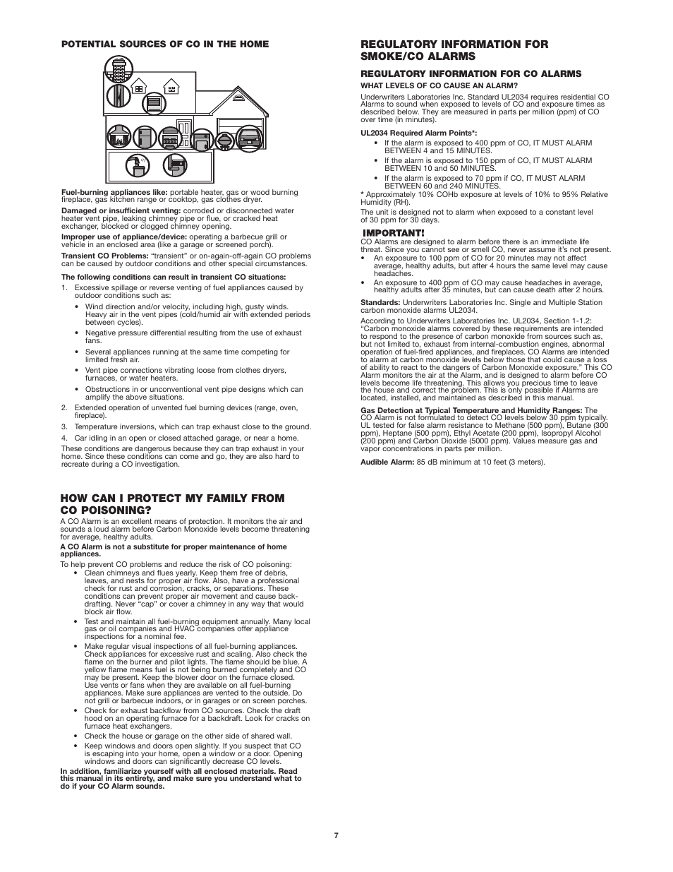 How can i protect my family from co poisoning, Regulatory information for smoke/co alarms | First Alert ONELINK SCO500 User Manual | Page 7 / 10