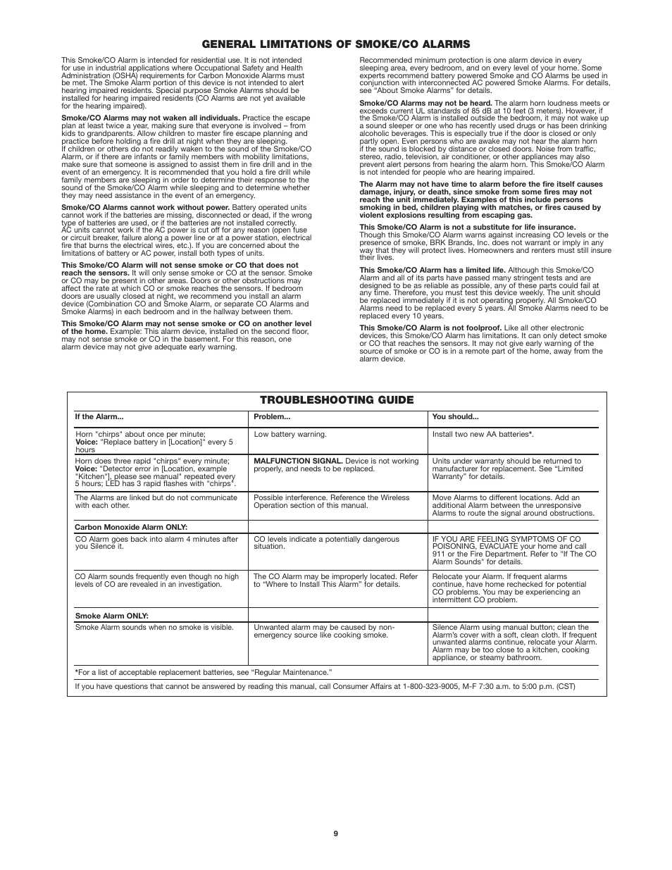 Troubleshooting guide, General limitations of smoke/co alarms | First Alert ONELINK SCO500 User Manual | Page 9 / 10