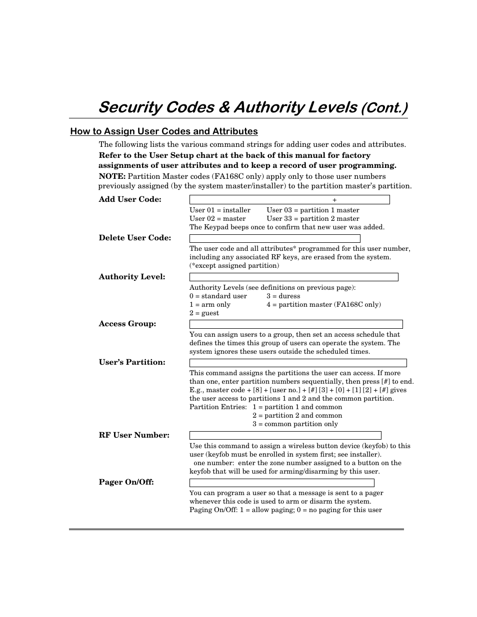 6hfxulw\&rghv $xwkrulw\/hyhov, Rzwr$vvljq8vhu&rghvdqg$wwulexwhv | First Alert FA168C User Manual | Page 29 / 56