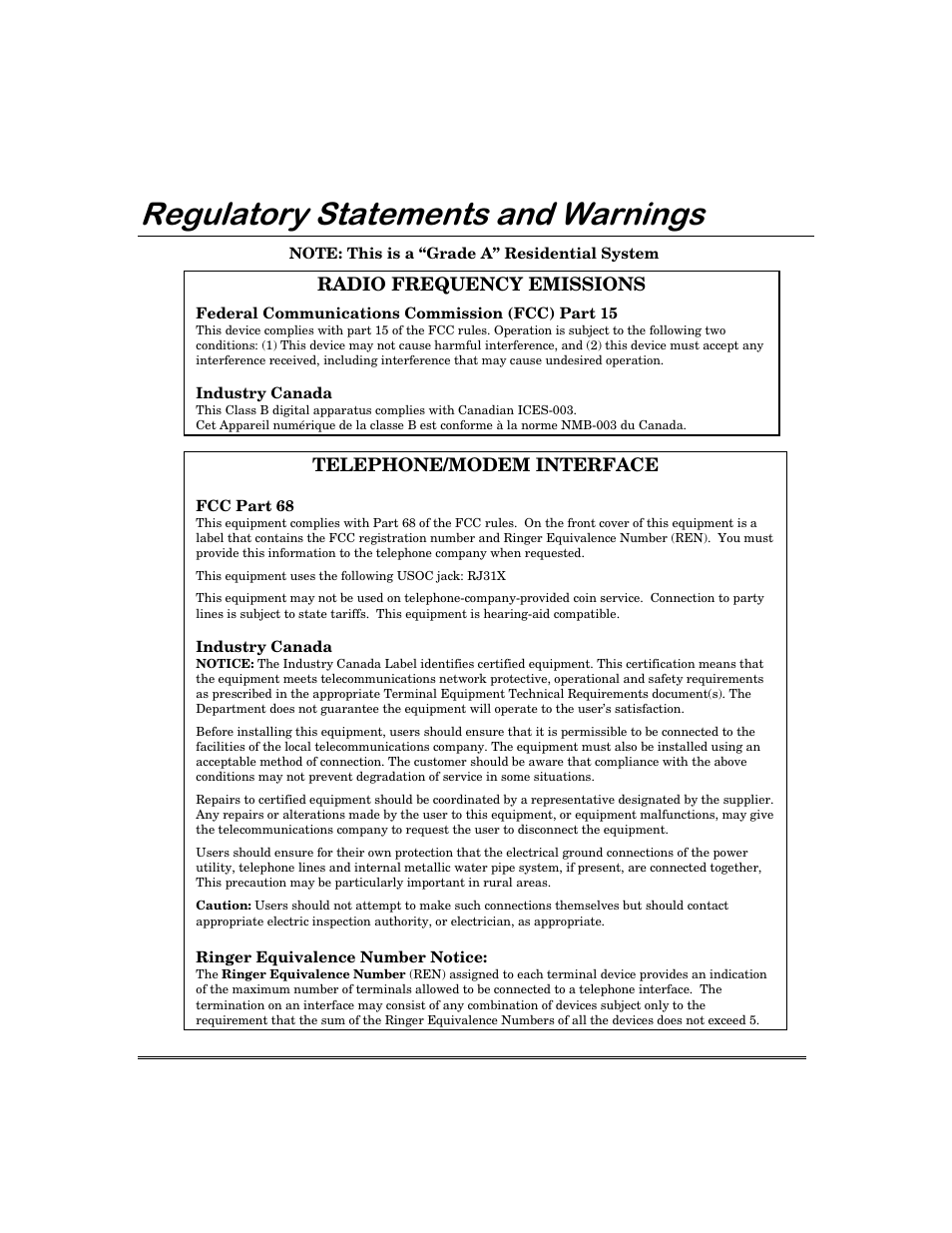 5hjxodwru\6wdwhphqwvdqg:duqlqjv, Radio frequency emissions, Telephone/modem interface | First Alert FA168C User Manual | Page 48 / 56
