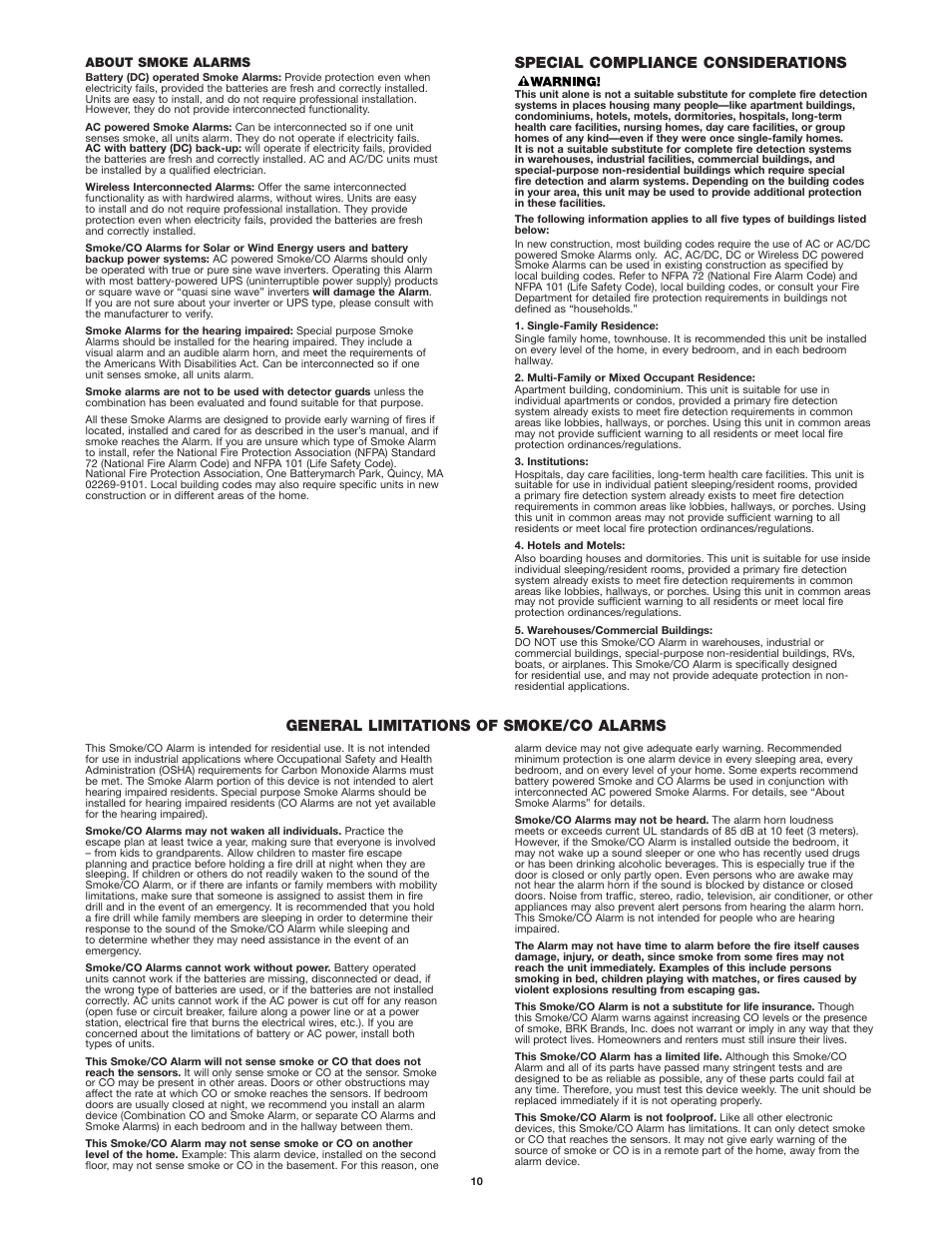 Special compliance considerations, General limitations of smoke/co alarms | First Alert SC7010B User Manual | Page 10 / 11