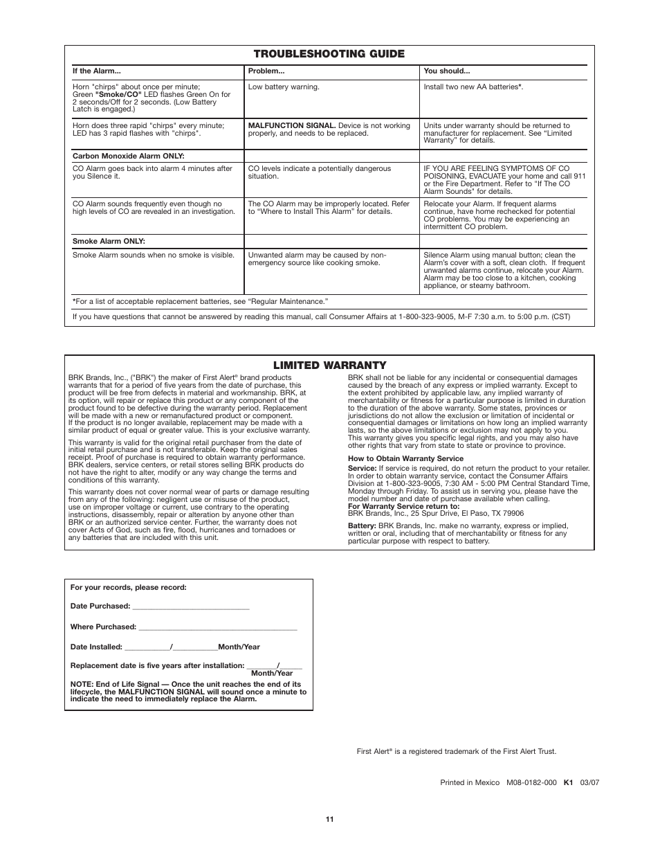 Troubleshooting guide, Limited warranty | First Alert SC7010B User Manual | Page 11 / 11