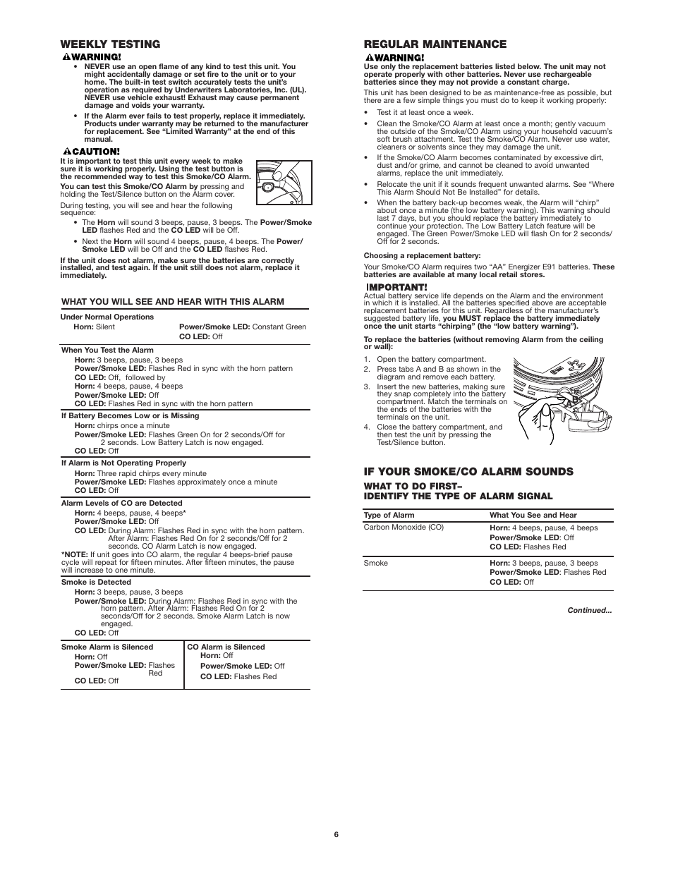 Regular maintenance, If your smoke/co alarm sounds, Weekly testing | First Alert SC7010B User Manual | Page 6 / 11