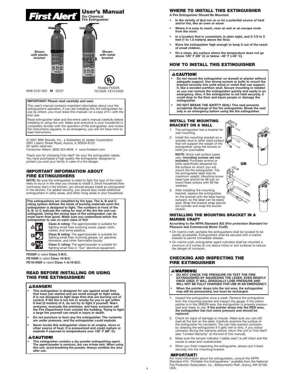 First Alert FE1A10GR User Manual | 2 pages