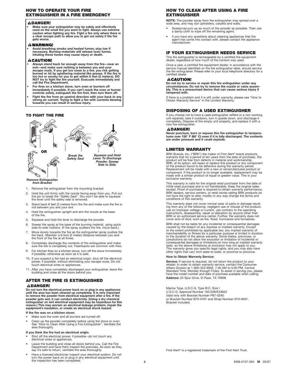 After the fire is extinguished, How to clean after using a fire extinguisher, If your extinguisher needs service | Disposing of a used extinguisher, Limited warranty | First Alert FE1A10GR User Manual | Page 2 / 2