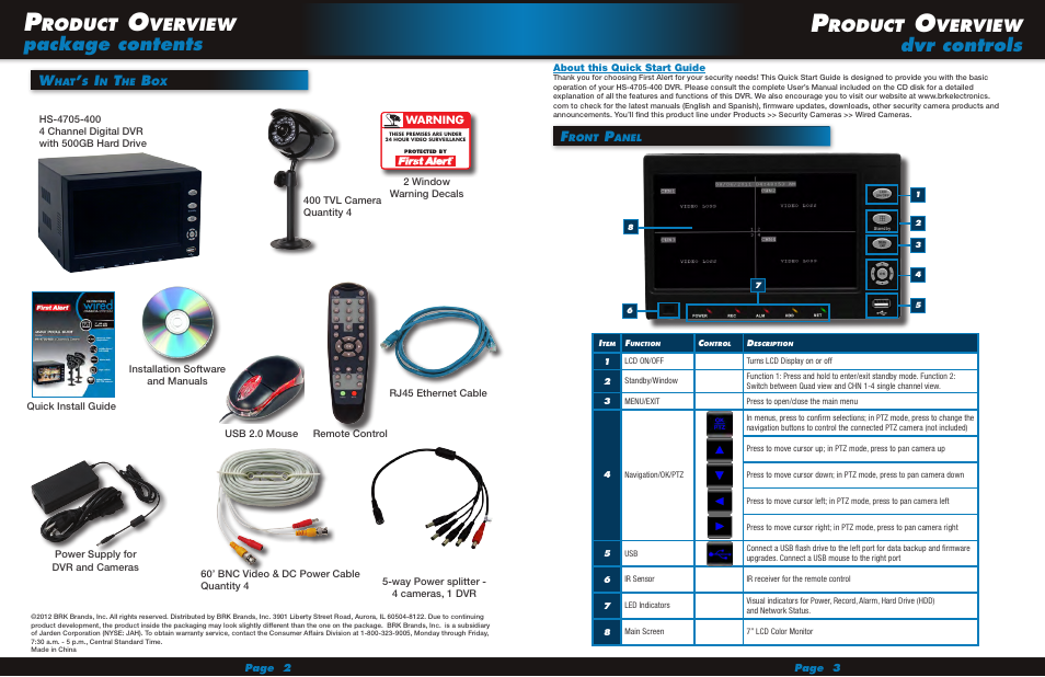 Package contents, Dvr controls, Roduct | Verview | First Alert Recording Wired Camera System HS-4705-400 User Manual | Page 2 / 7