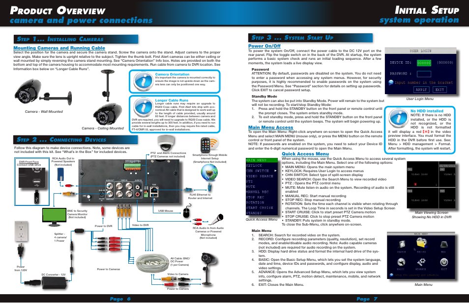 Camera and power connections, System operation, Roduct | Verview, Nitial, Etup, 2 ... c, 3 ... s | First Alert Recording Wired Camera System HS-4705-400 User Manual | Page 4 / 7