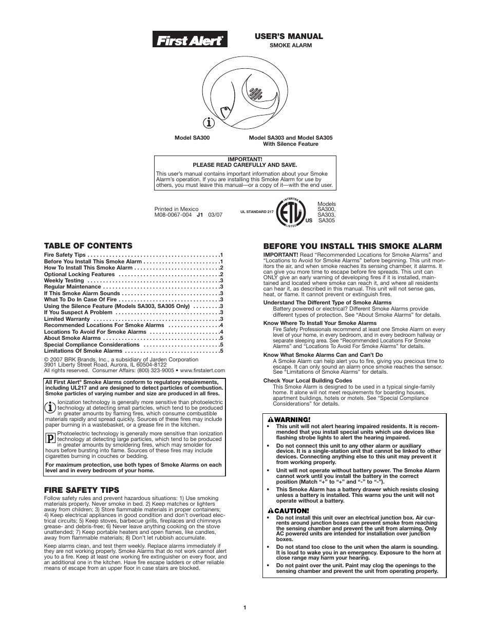 First Alert SA305 User Manual | 5 pages