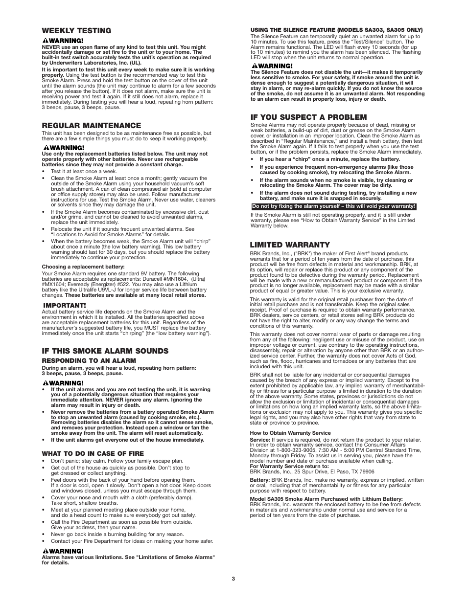 Weekly testing, Regular maintenance, If this smoke alarm sounds | Limited warranty, If you suspect a problem | First Alert SA305 User Manual | Page 3 / 5