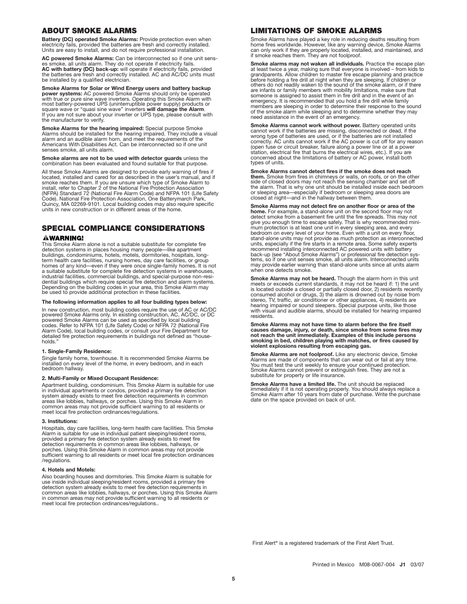About smoke alarms, Special compliance considerations, Limitations of smoke alarms | First Alert SA305 User Manual | Page 5 / 5