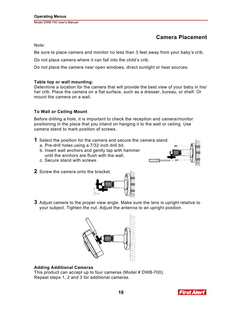 Camera placement | First Alert 2.5Color LCD Portable Wireless Family Monitor DWB-740 User Manual | Page 19 / 24