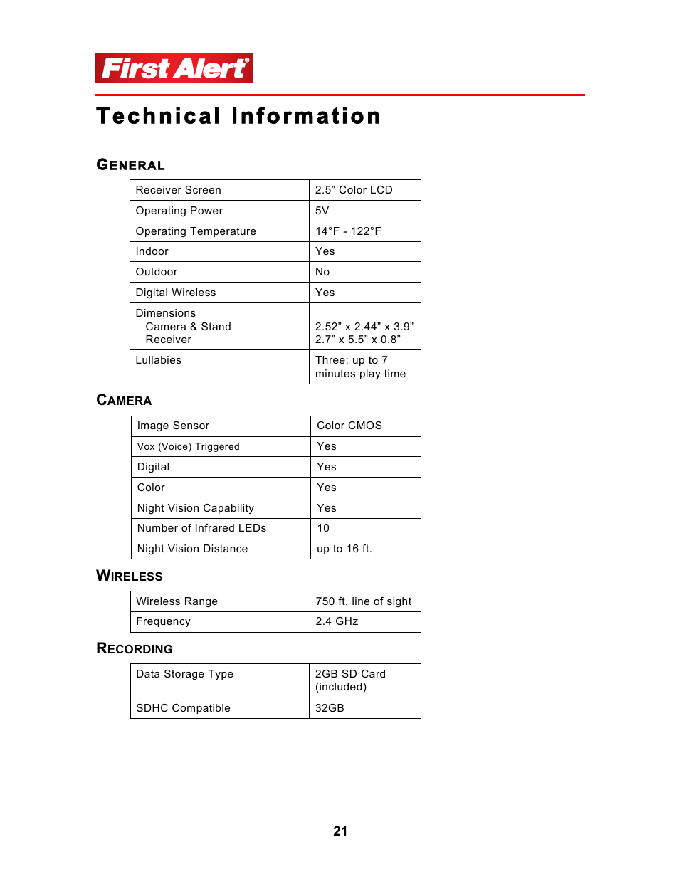 First Alert 2.5Color LCD Portable Wireless Family Monitor DWB-740 User Manual | Page 21 / 24