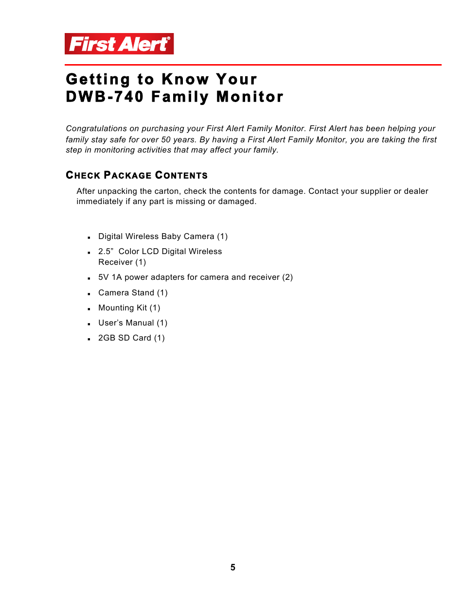 First Alert 2.5Color LCD Portable Wireless Family Monitor DWB-740 User Manual | Page 5 / 24