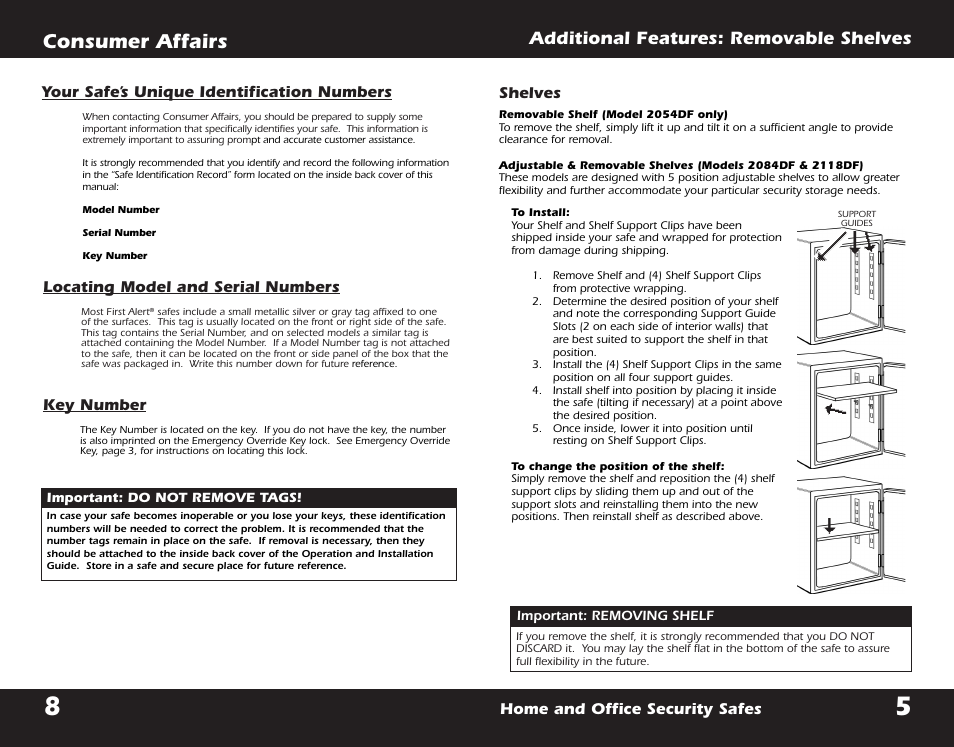 Consumer affairs, Additional features: removable shelves, Home and office security safes | Your safe’s unique identification numbers, Locating model and serial numbers, Key number, Shelves | First Alert 2054DF User Manual | Page 10 / 16